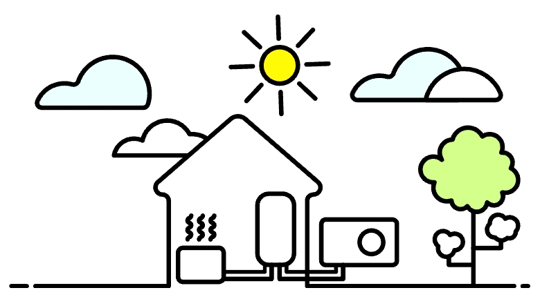 Dessin d’une maison chauffée par une pompe à chaleur